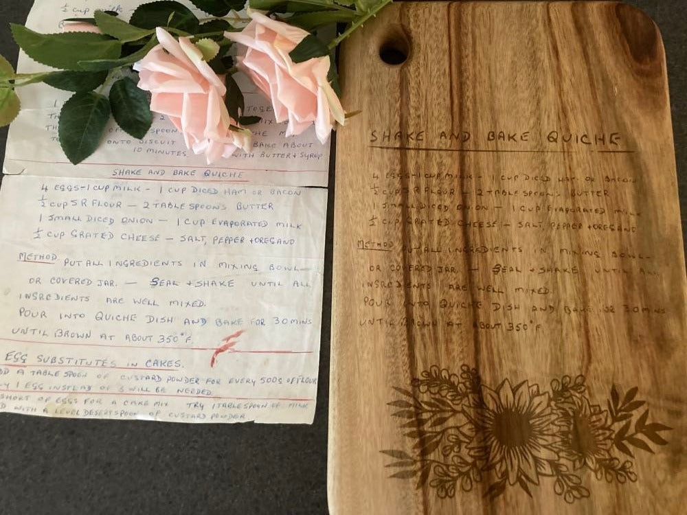 Personalised-Handwritten Recipe on Cutting Board-prices vary. Australian Made.