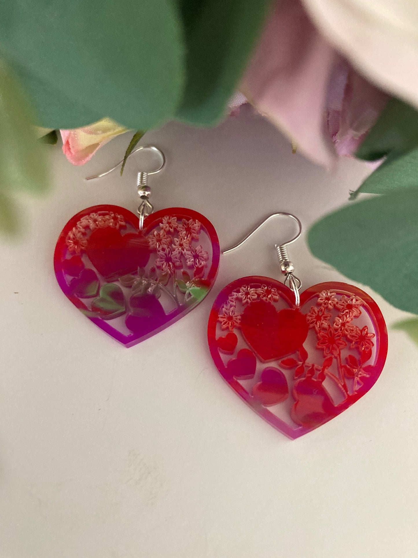 Earrings, Heart & Flowers